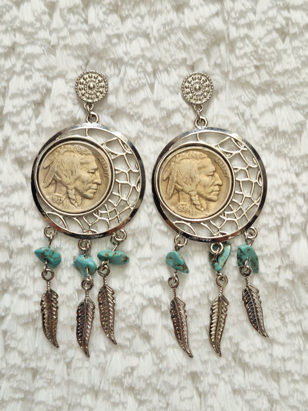 Vintage Silver Dreamcatcher Coin Feather Drop Earrings